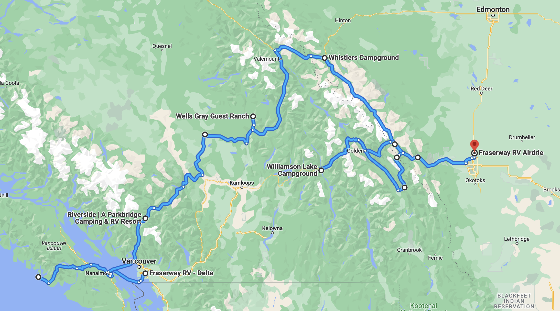 Full route map of our Canada road trip 2023