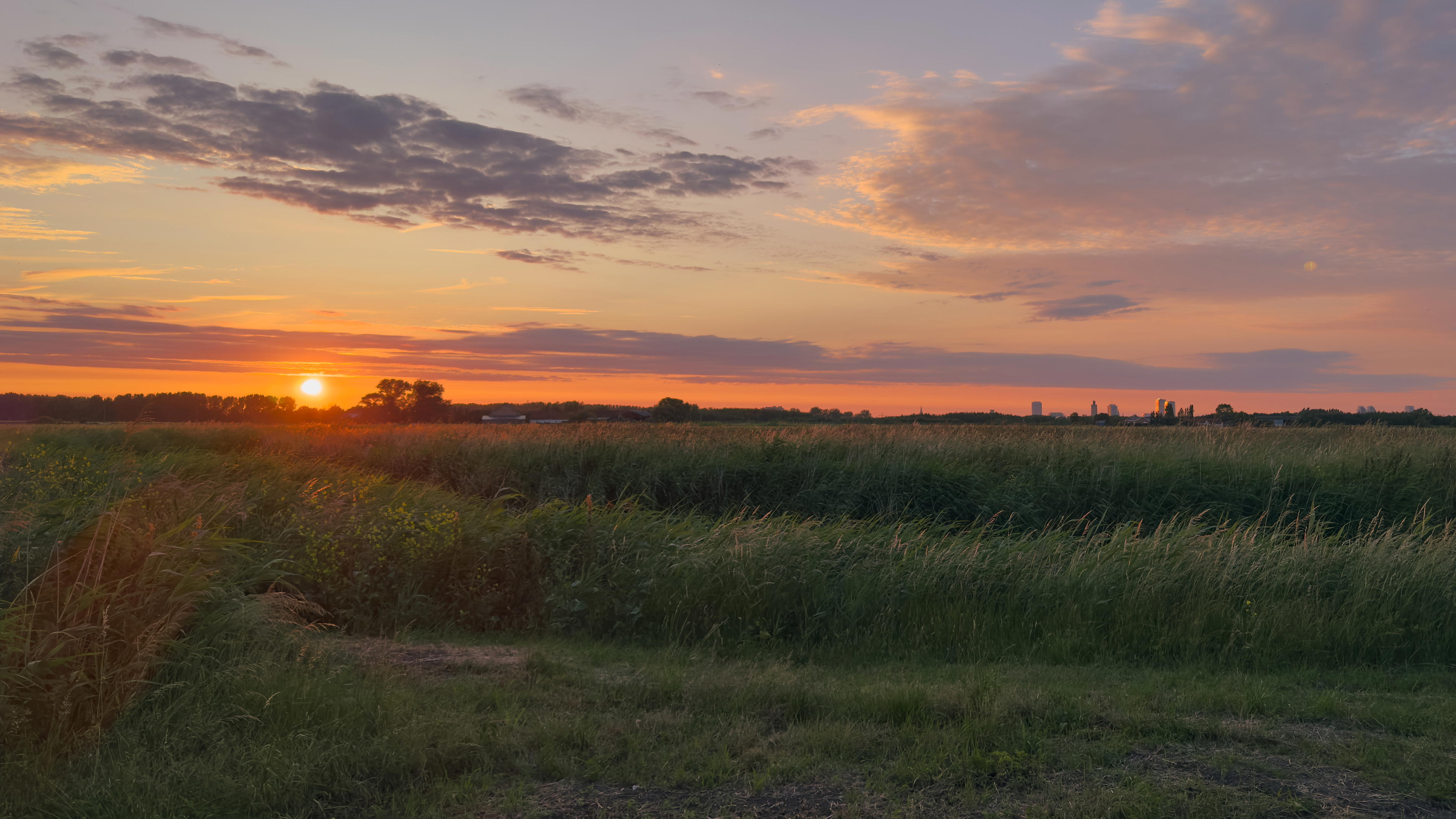 Sunset over lovely fields and meados in Oostende, Belgium