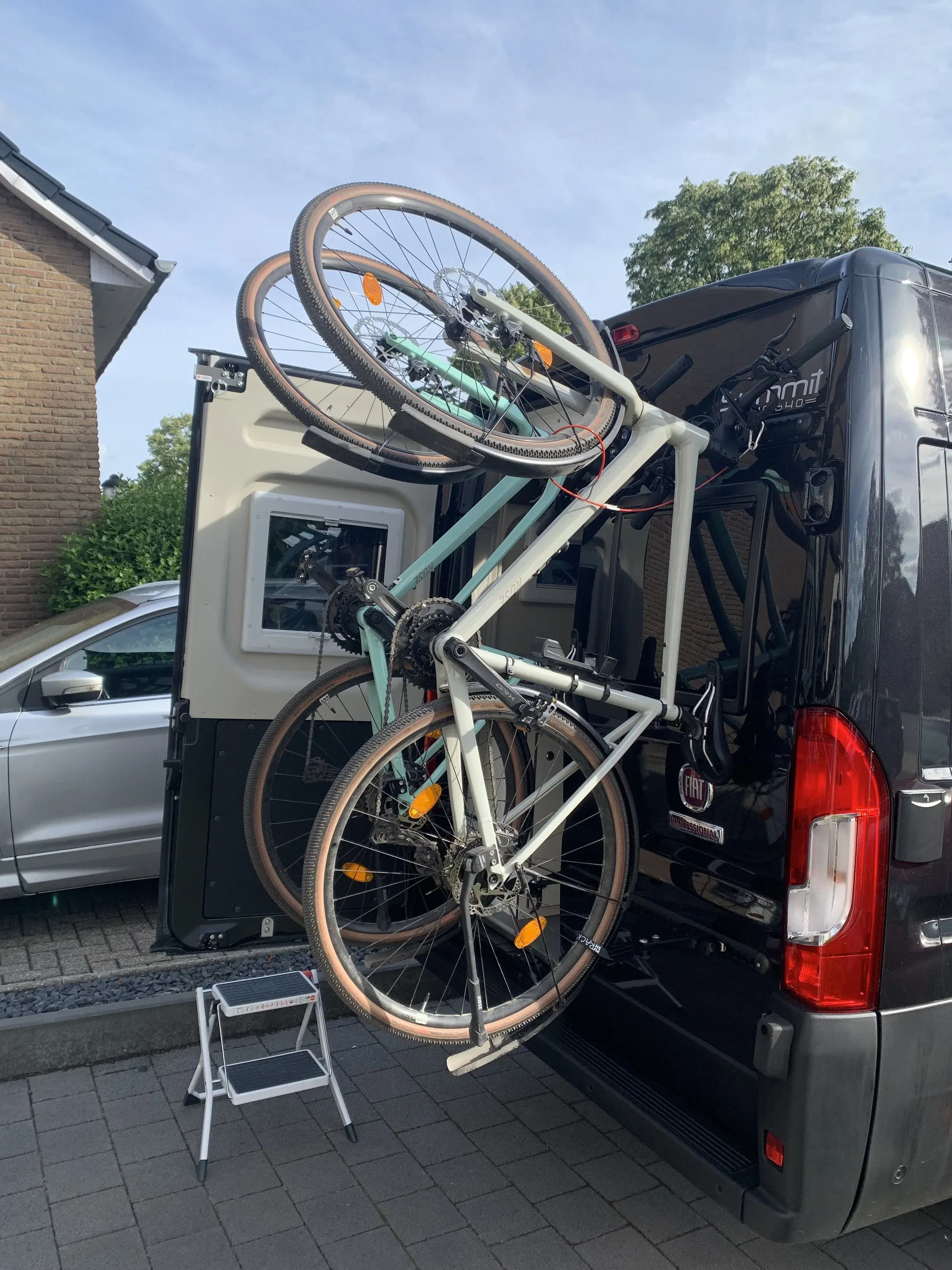 Close-up of the bike carrier mounted on the back of our campervan Wilma